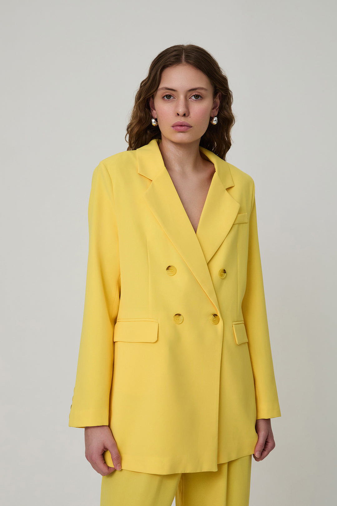 Düğme Detaylı Kruvaze Yaka Oversize Blazer Ceket Sarı