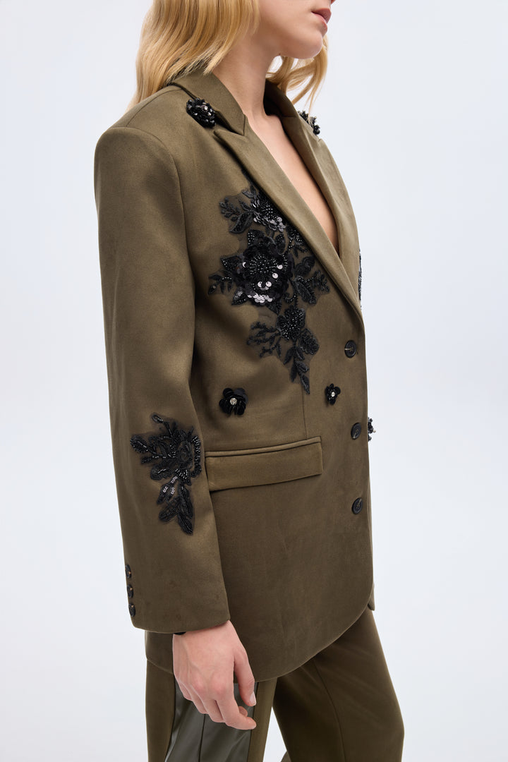 Dantel Aplikeli Süet Blazer Ceket Haki