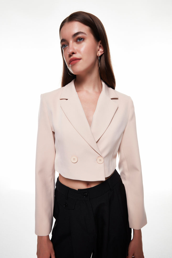 Double Breasted Crop Blazer Jacket Beige