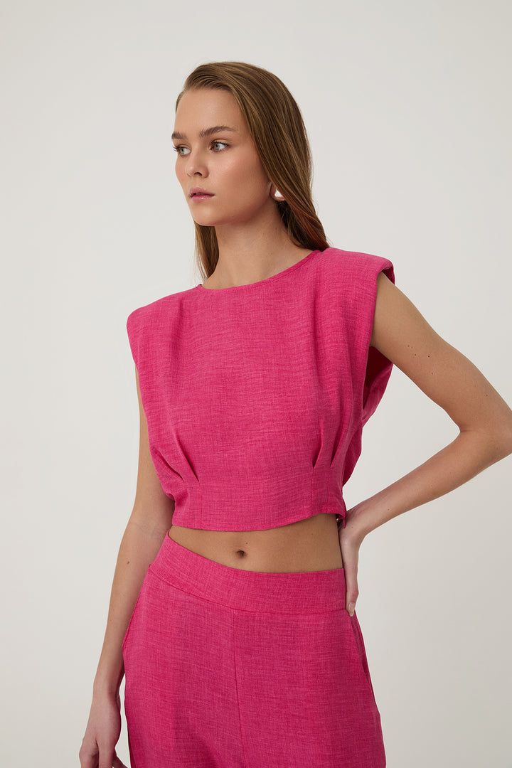 Vatka Detaylı Kolsuz Bluz Pembe