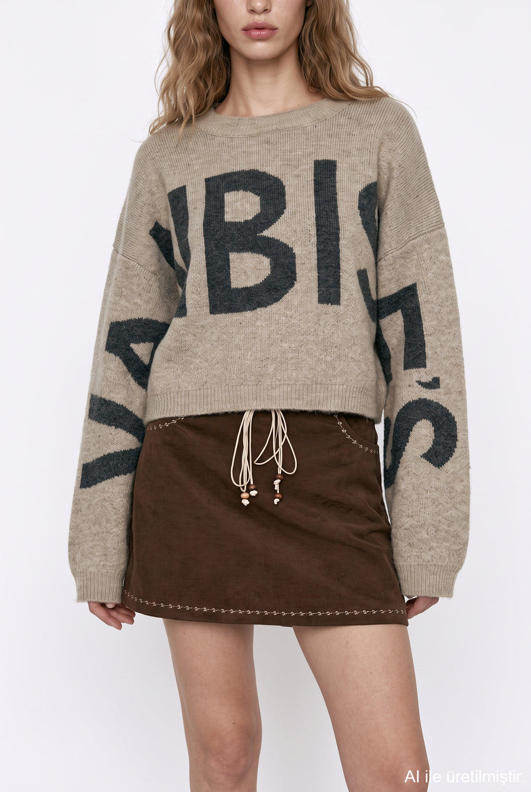 Grafik Desenli Oversize Triko Kazak Vizon