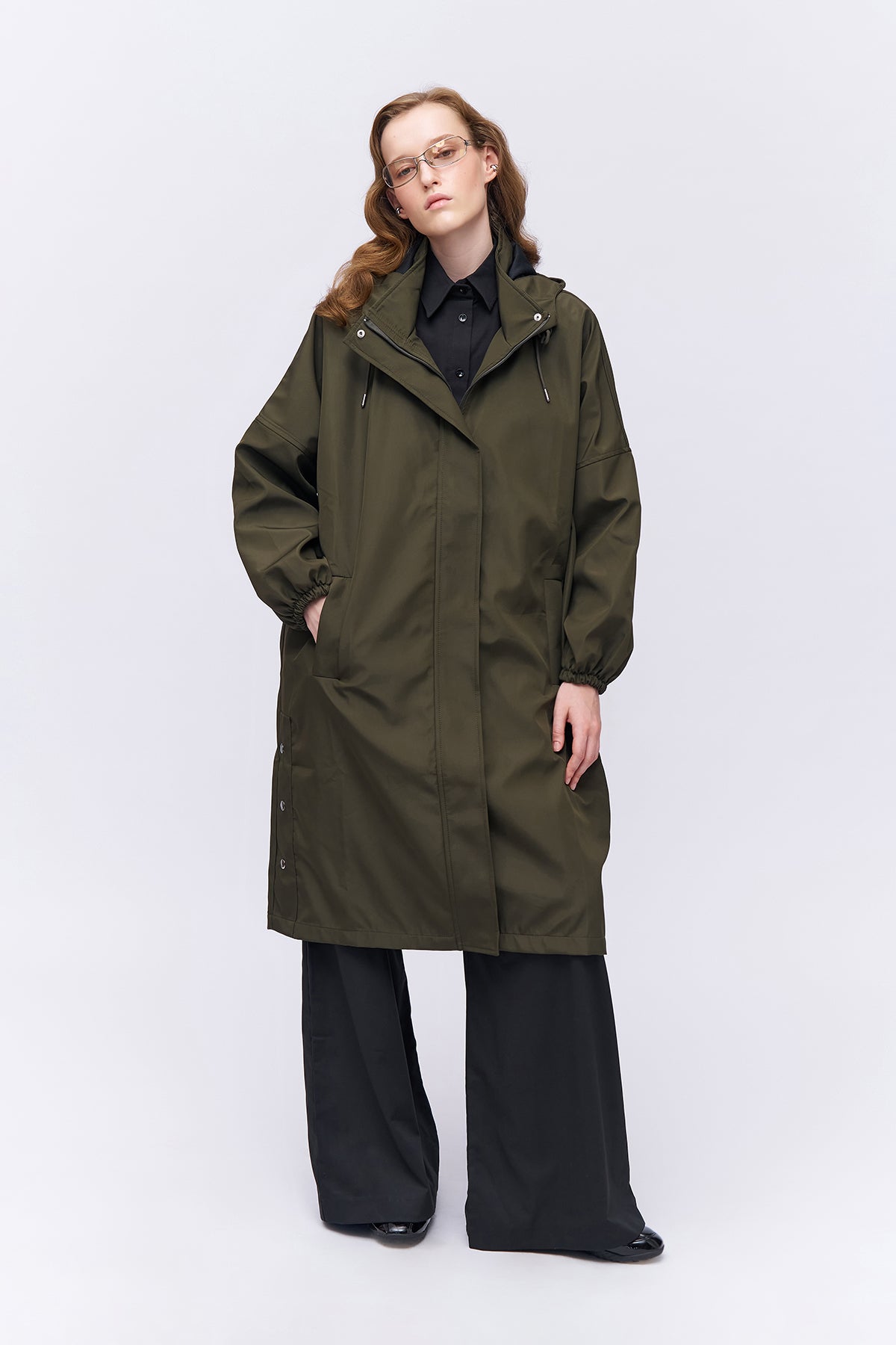 Oversize Hooded Trench Coat Khaki