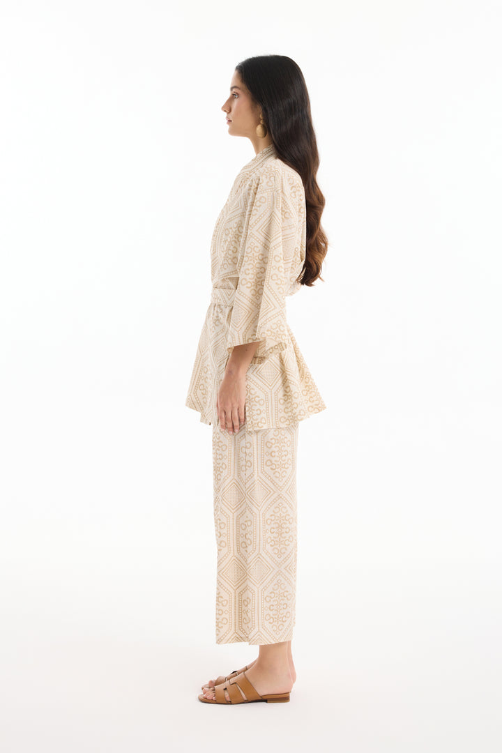 Etnik Desenli Bağlamalı Kısa Kimono Naturel
