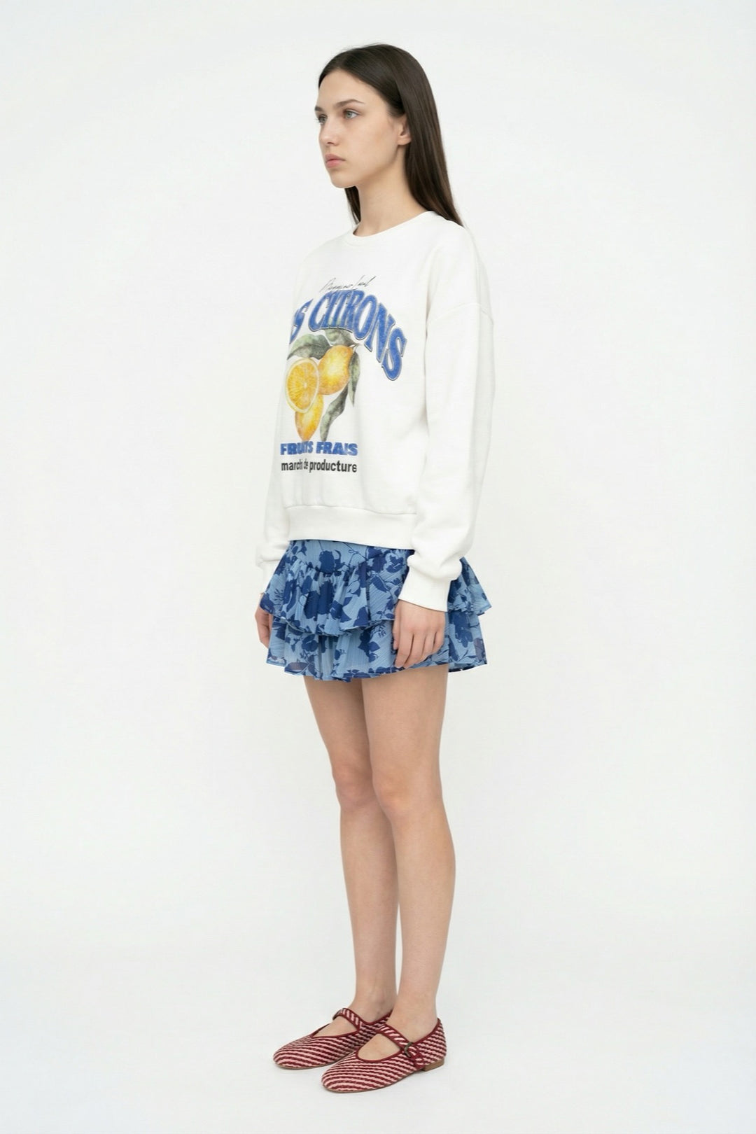 Çiçek Desenli Volanlı Mini Etek Mavi