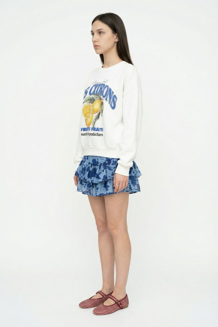 Çiçek Desenli Volanlı Mini Etek Mavi