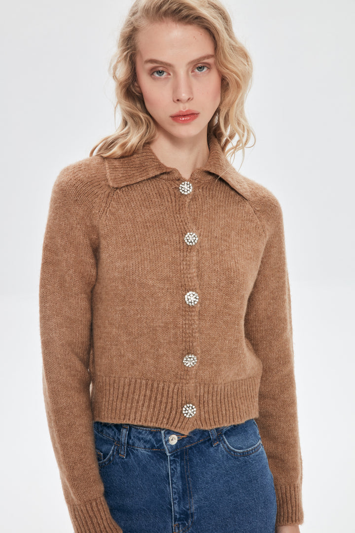 Düğme Detaylı Triko Hırka Bej