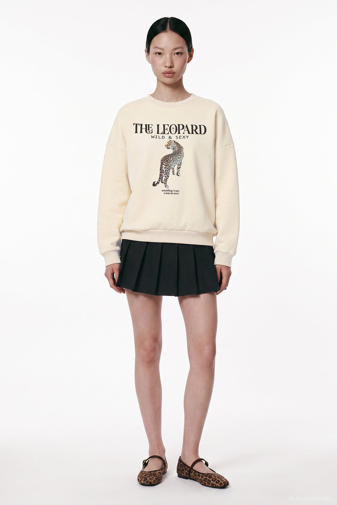 Yazı ve Leopar Baskılı Oversize Sweatshirt Bej