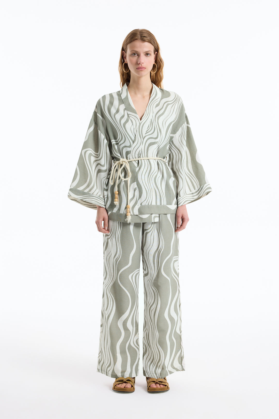 Dalga Desenli Bağlamalı Kimono Haki