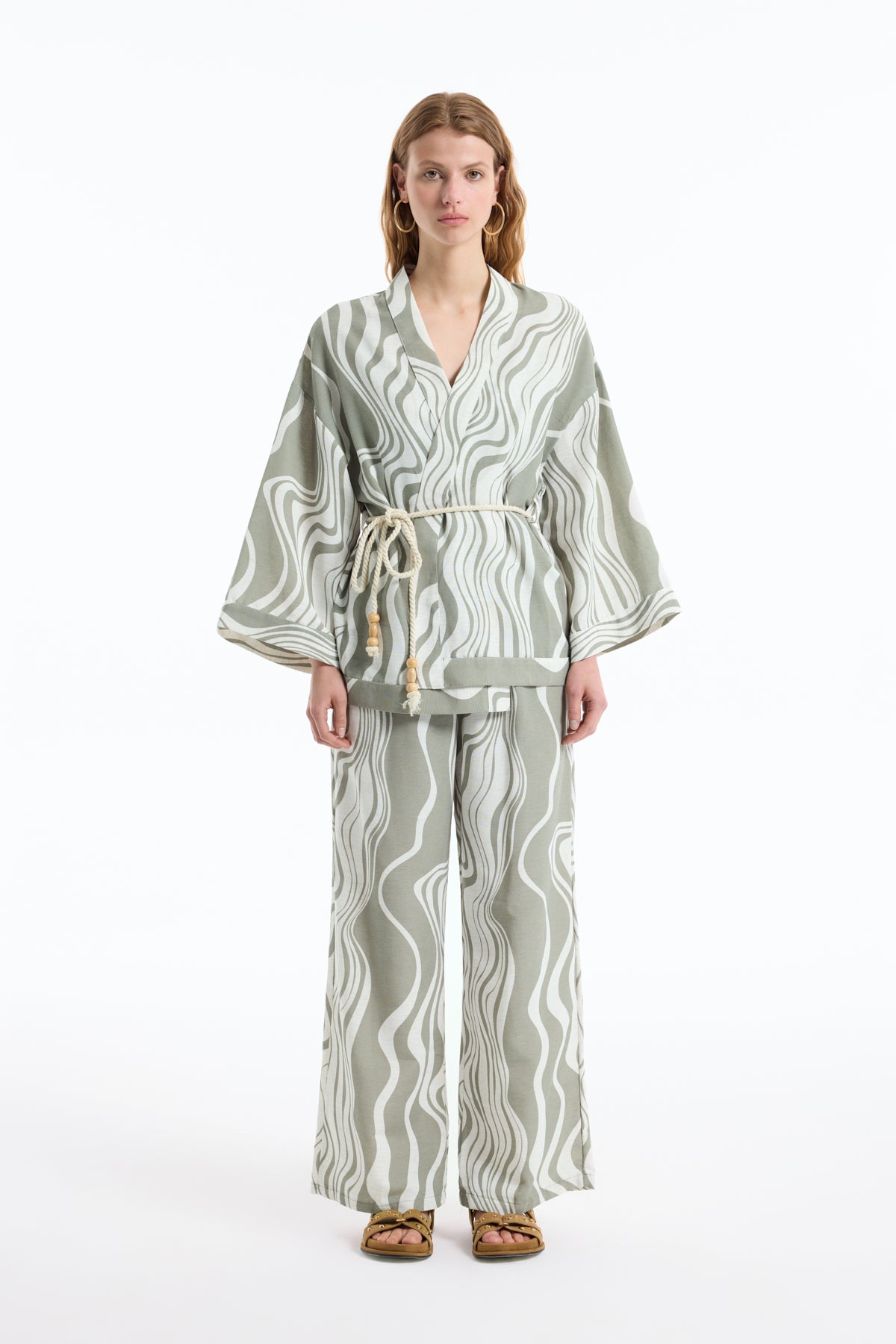 Dalga Desenli Bağlamalı Kimono Haki