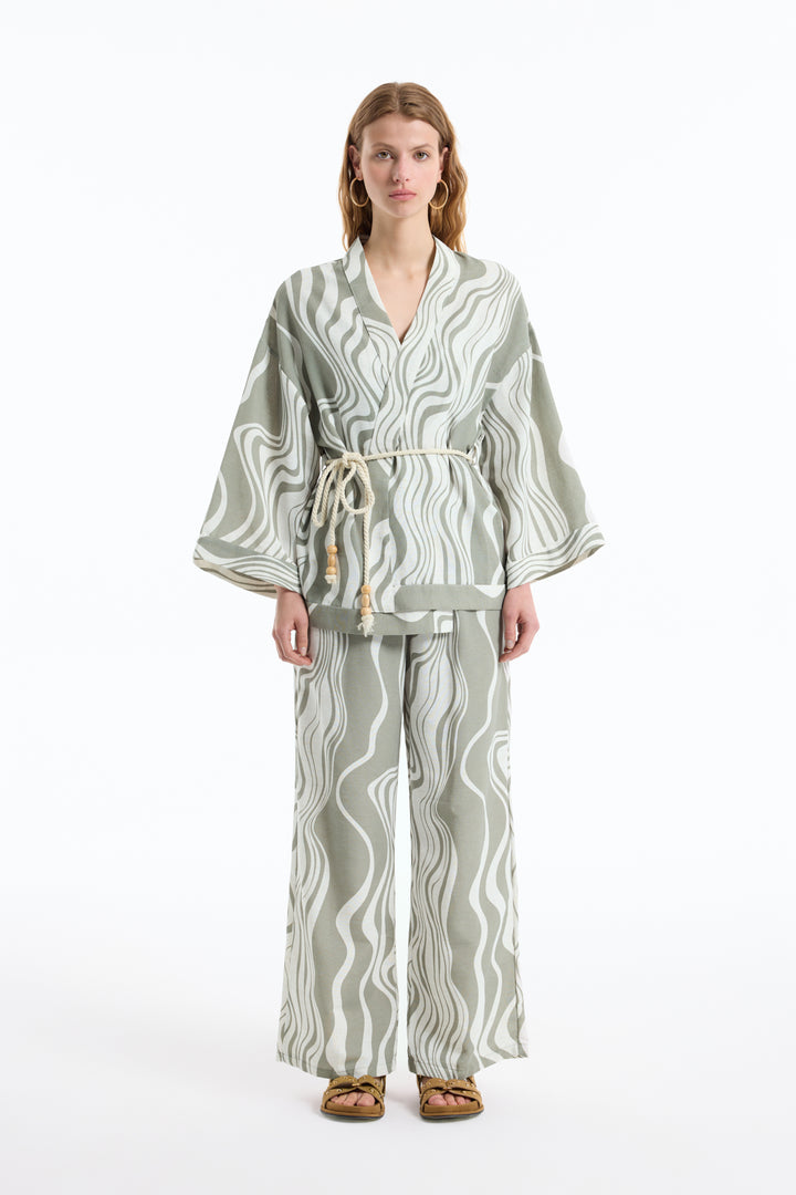 Dalga Desenli Bağlamalı Kimono Haki