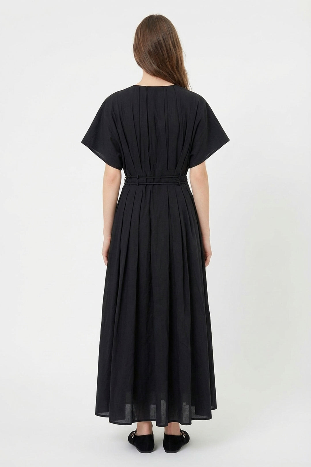 Beli Bağcıklı V Yaka Midi Elbise Siyah