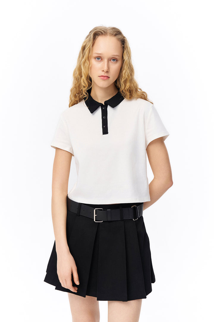 Renk Bloklu Polo Yaka Basic Tişört Ekru