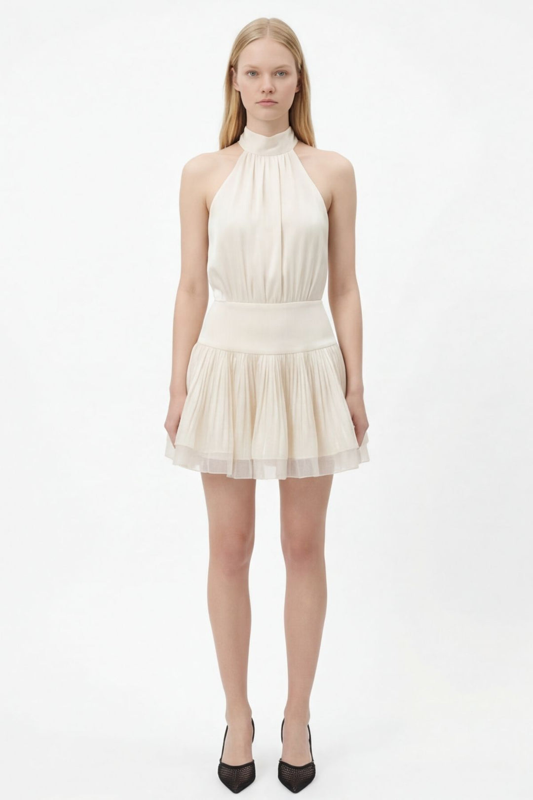 Boyundan Bağlamalı Volanlı Mini Elbise Bej