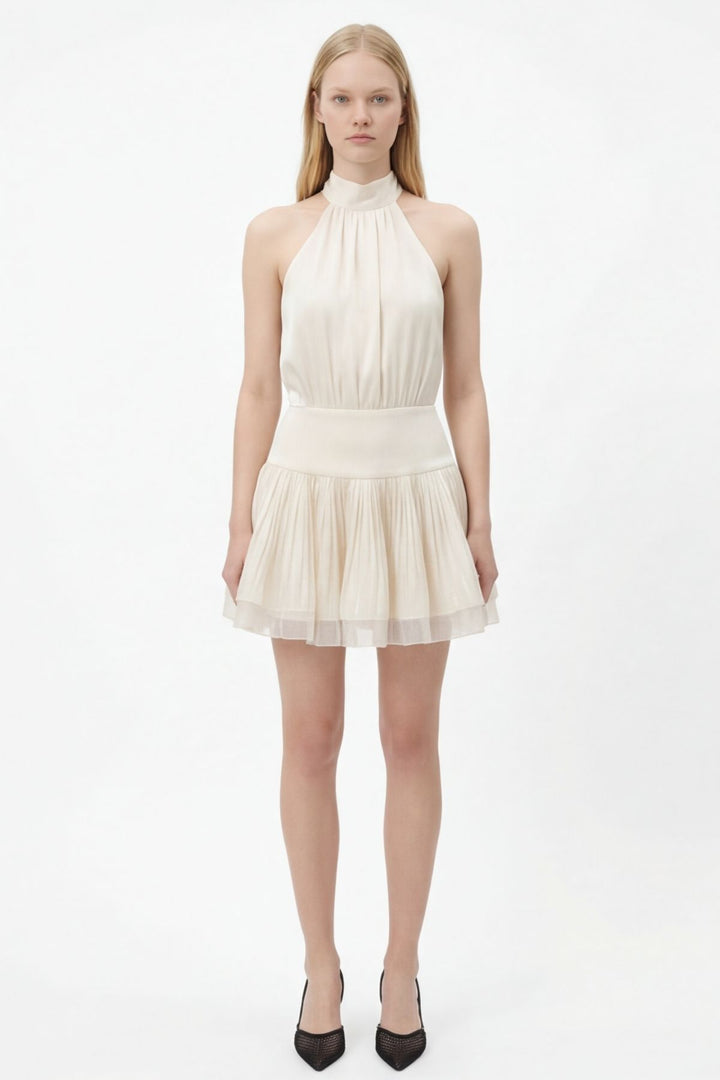 Boyundan Bağlamalı Volanlı Mini Elbise Bej