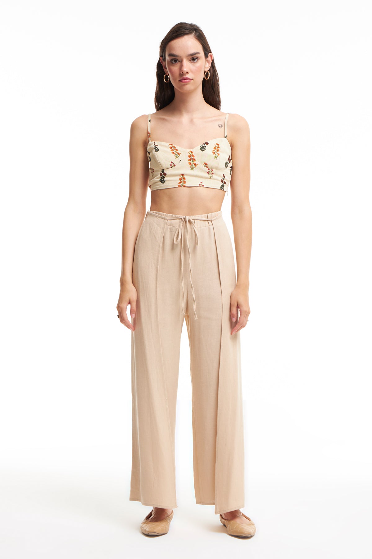 Slit Detailed Linen Trousers Beige