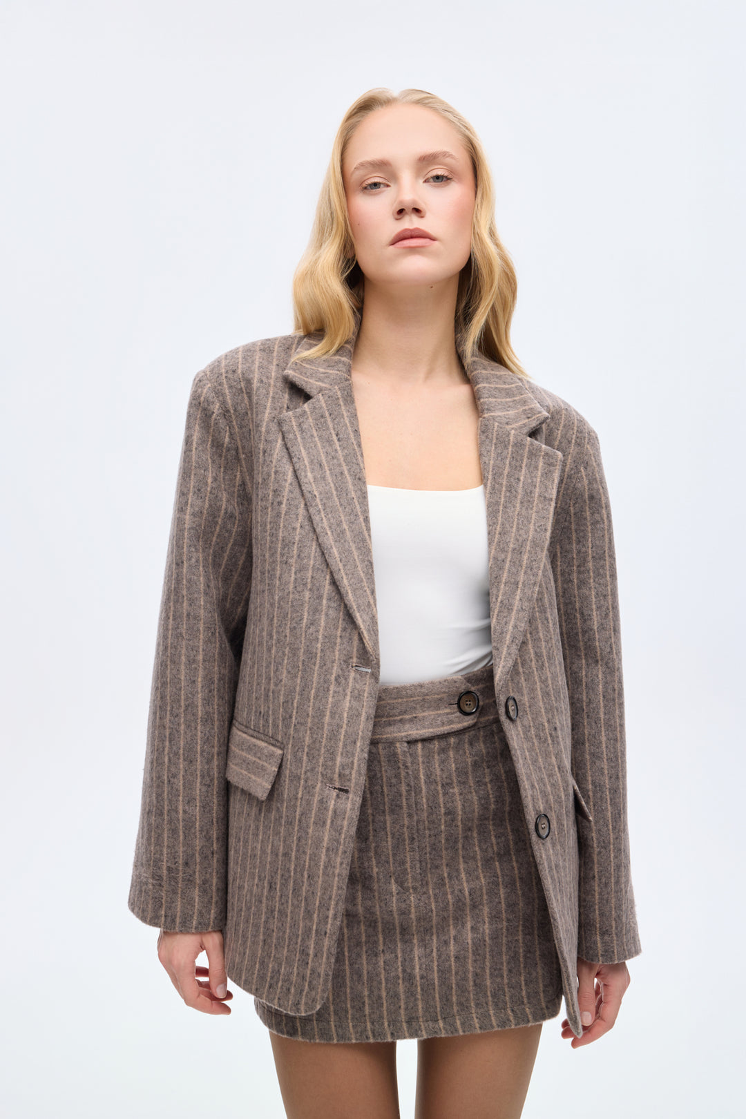 Çizgili Kaşe Blazer Ceket Vizon