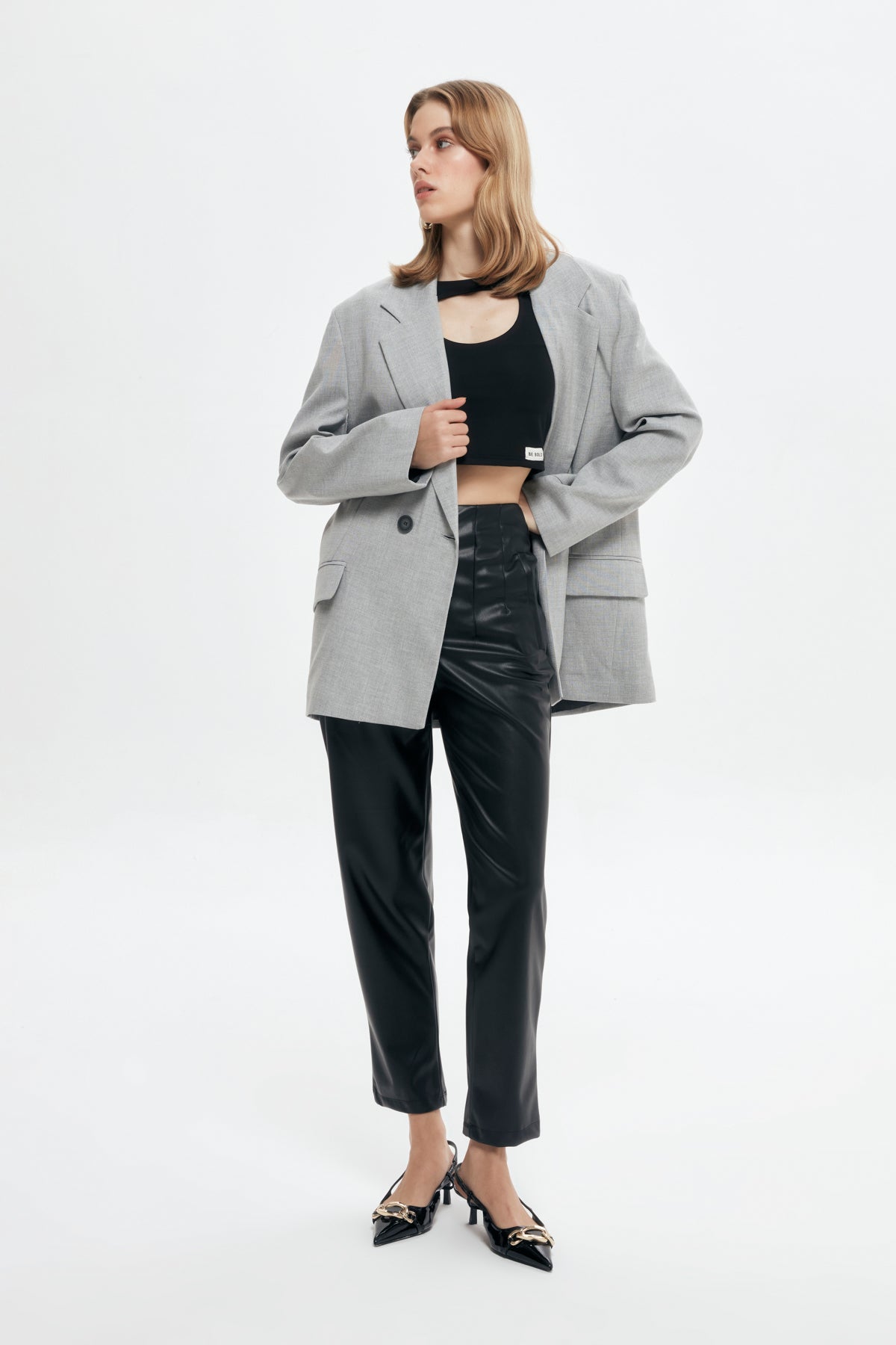 Double Breasted Lapel Oversize Blazer Jacket Light Gray