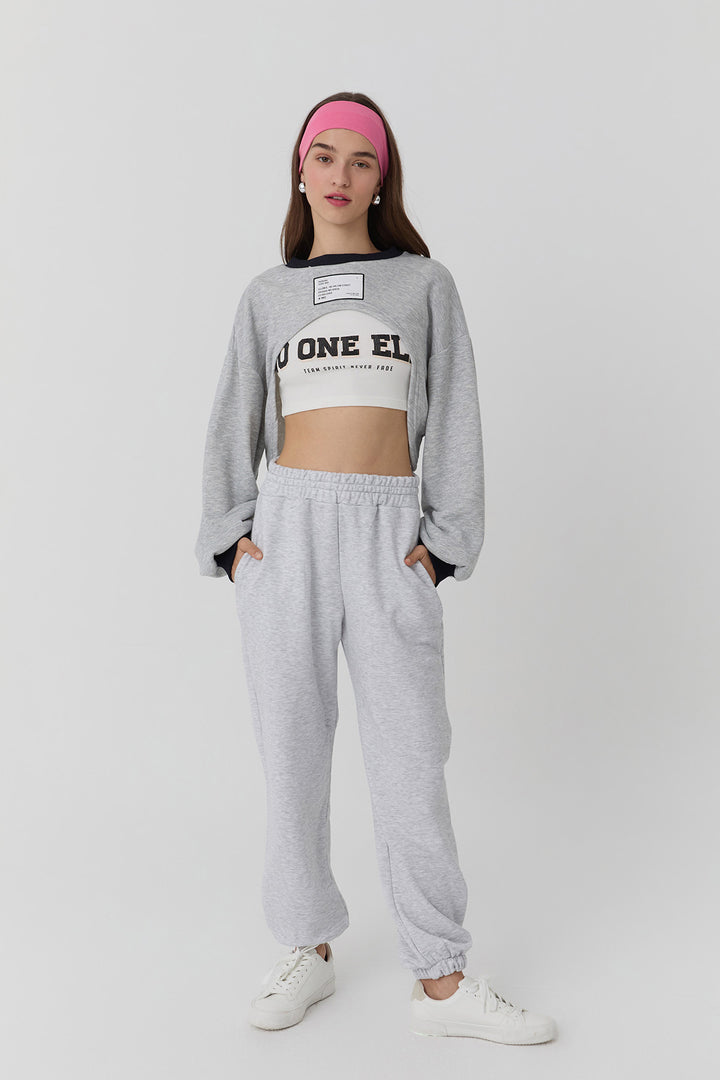 Atlet Detaylı Baskılı Crop Sweatshirt Gri