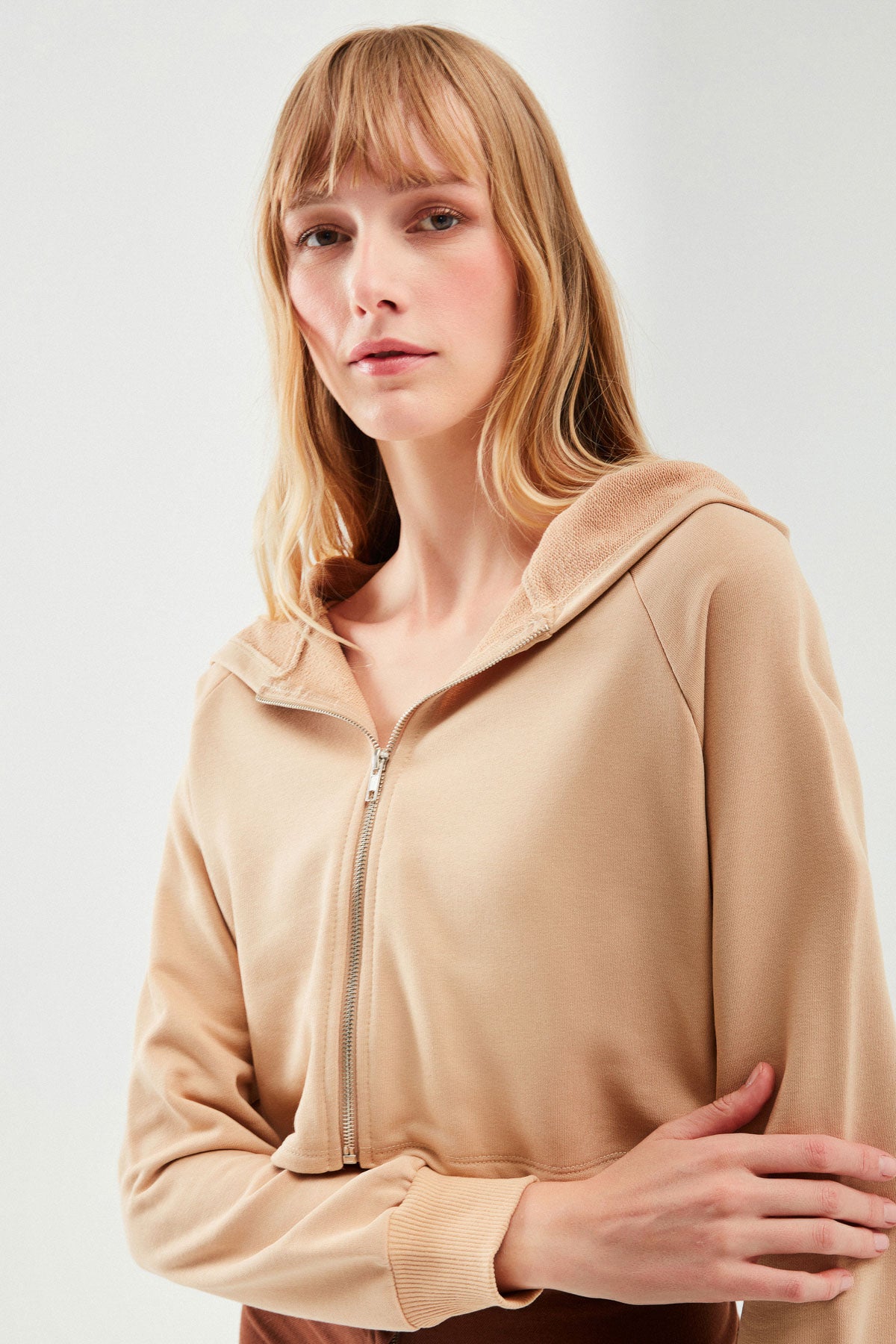 Zippered Crop Sweatshirt Dark Beige