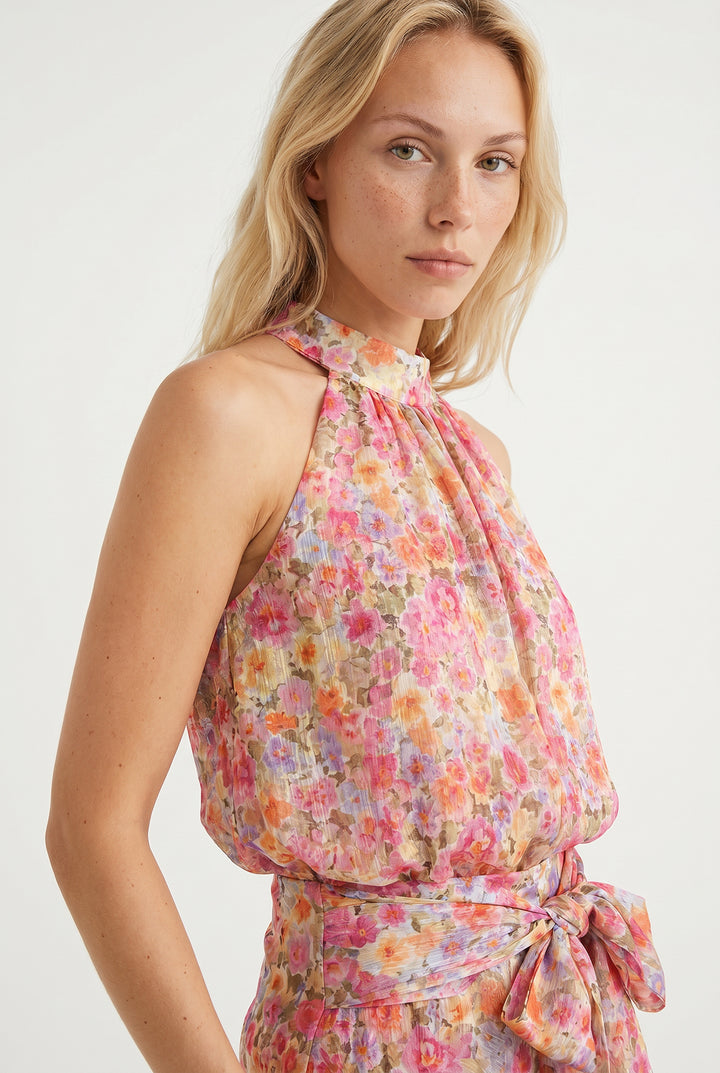 Çiçek Desenli Halter Yaka Crop Bluz Pembe