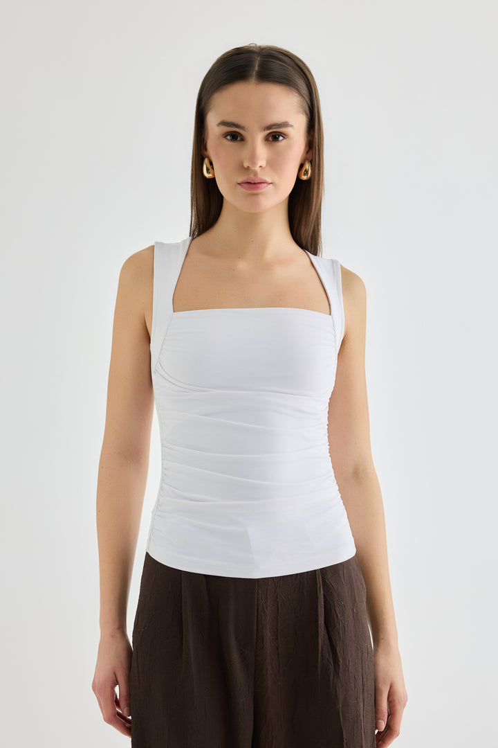 Büzgülü Kolsuz Bluz Ekru