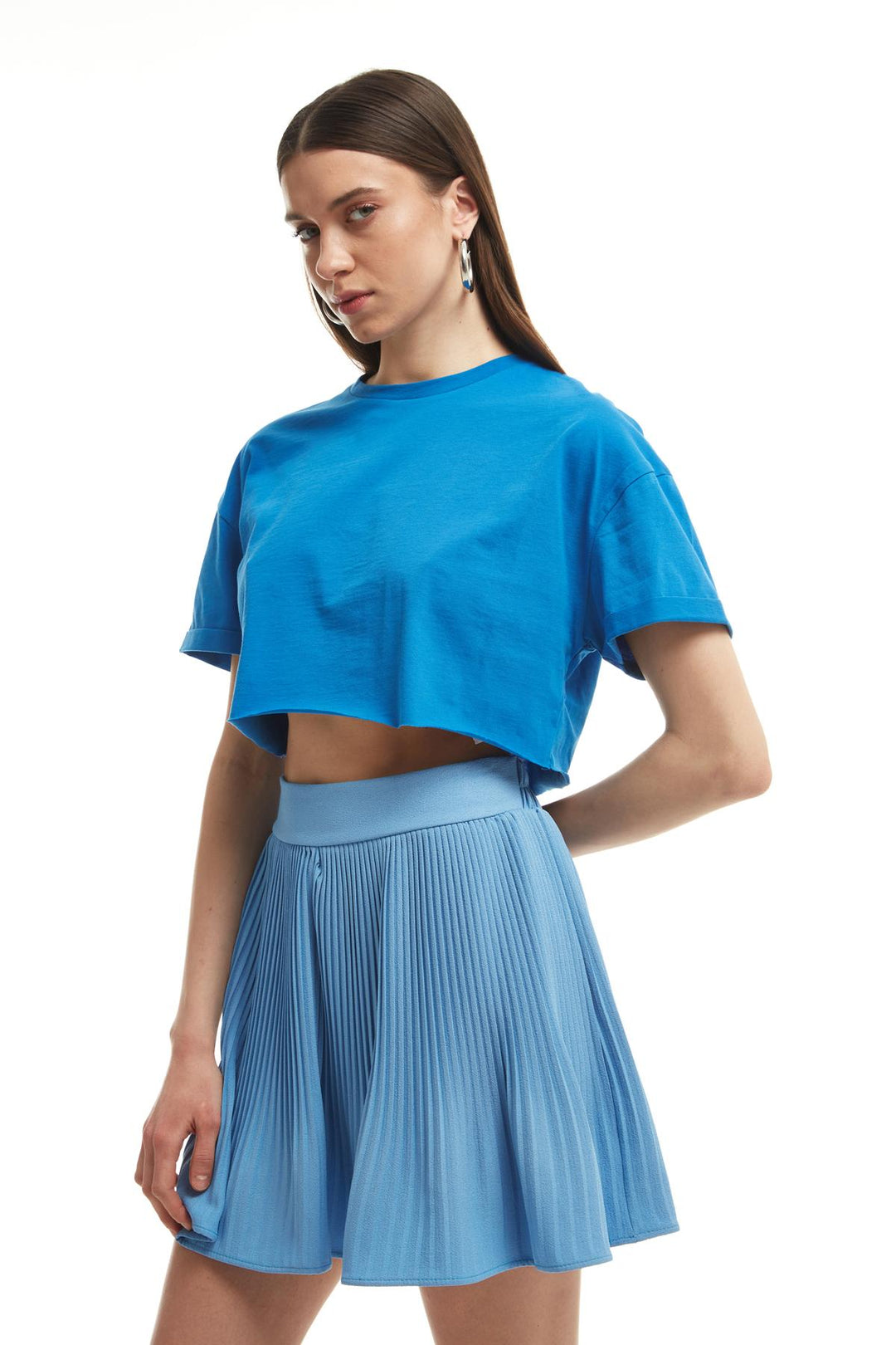 Pleated Mini Skirt With Shorts In Blue