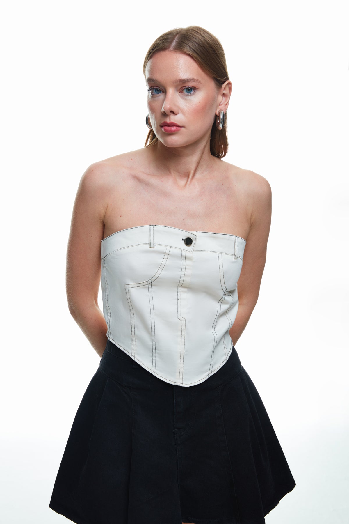 Contrast Stitched Strapless Blouse Bone