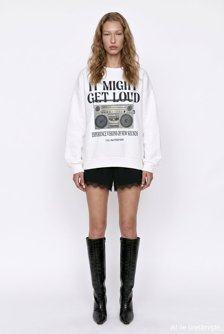 Radyo Baskılı Oversize Sweatshirt Ekru
