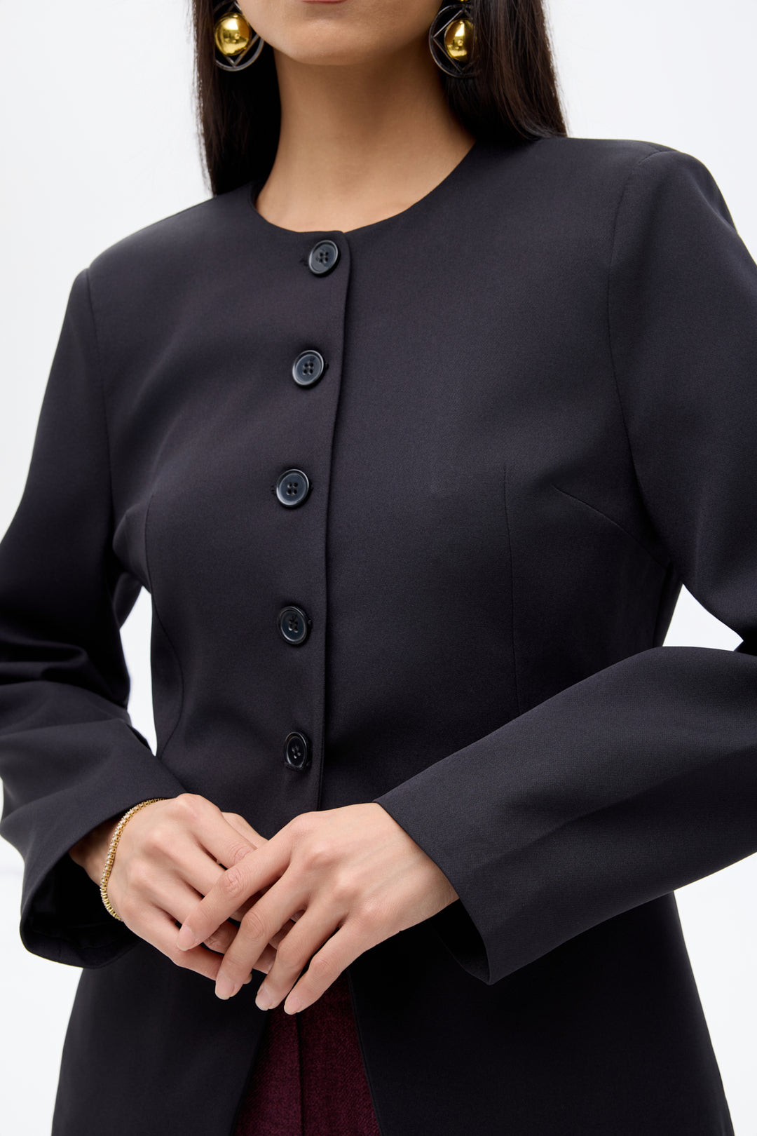 Yuvarlak Yaka Düğmeli Blazer Ceket Siyah