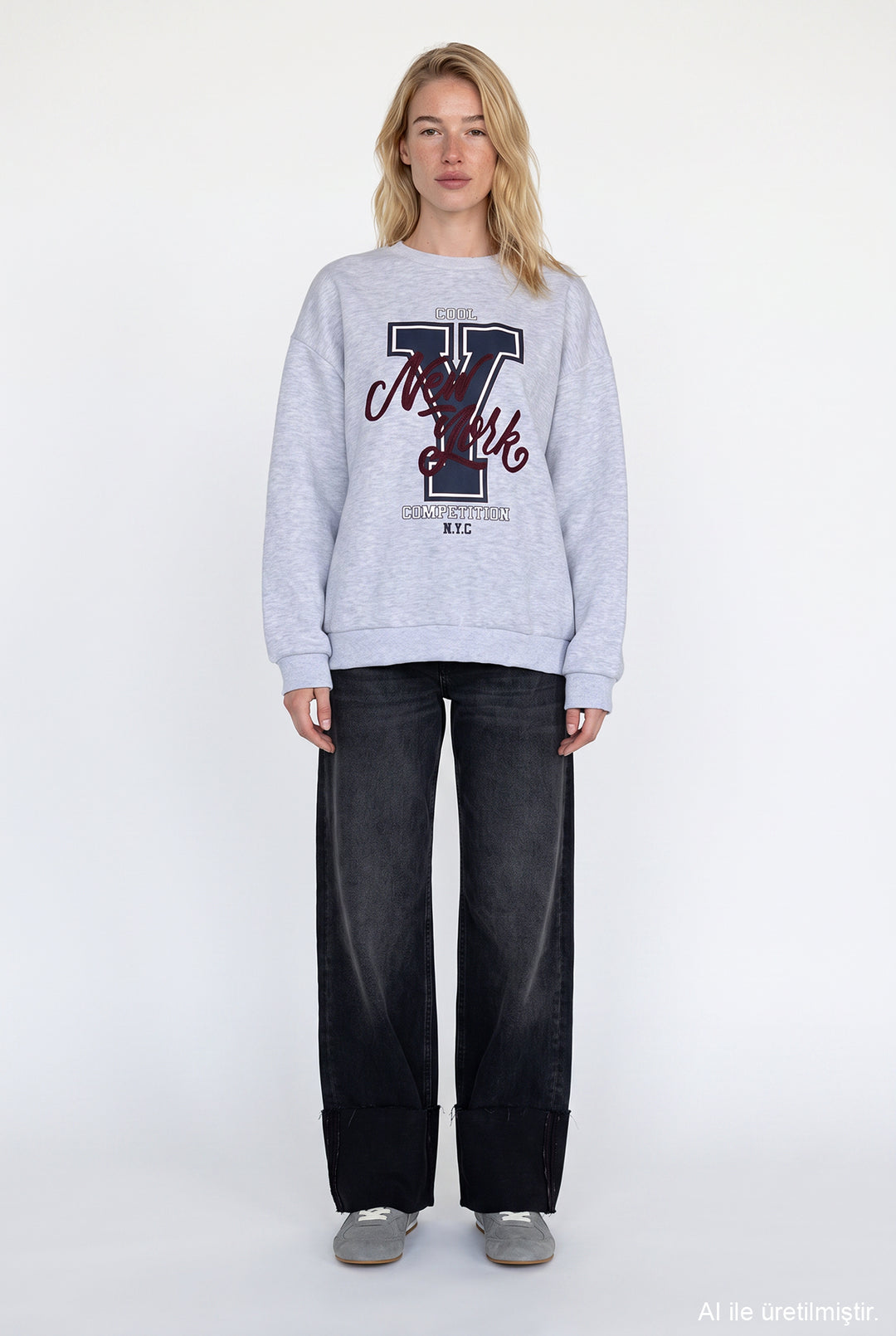 Y Baskılı Nakışlı Sweatshirt Karmelanj