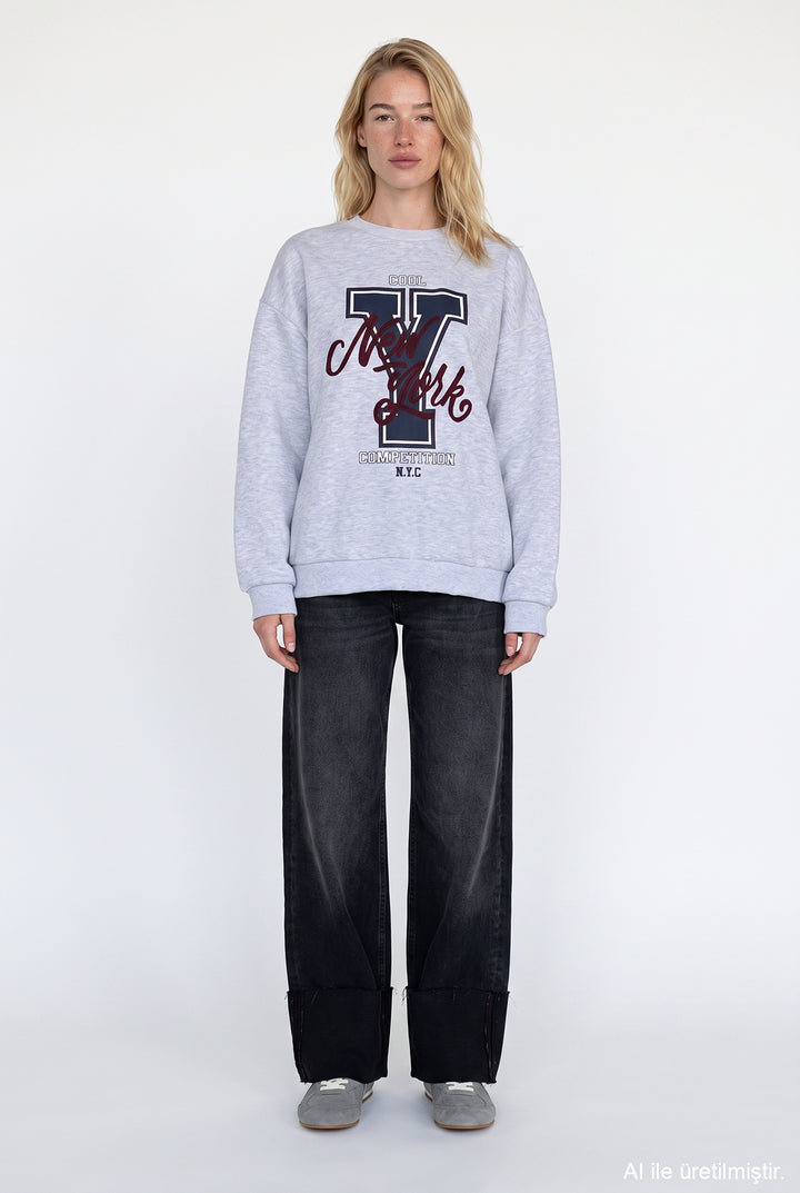 Y Baskılı Nakışlı Sweatshirt Karmelanj