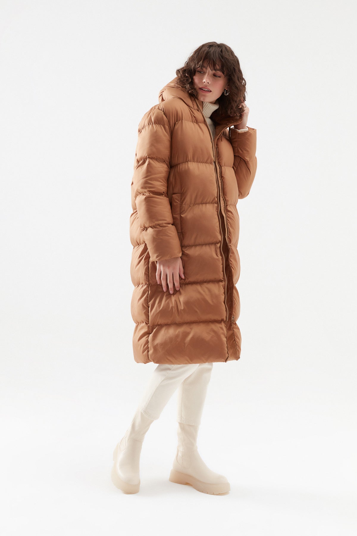 Hooded Long Inflatable Coat Camel