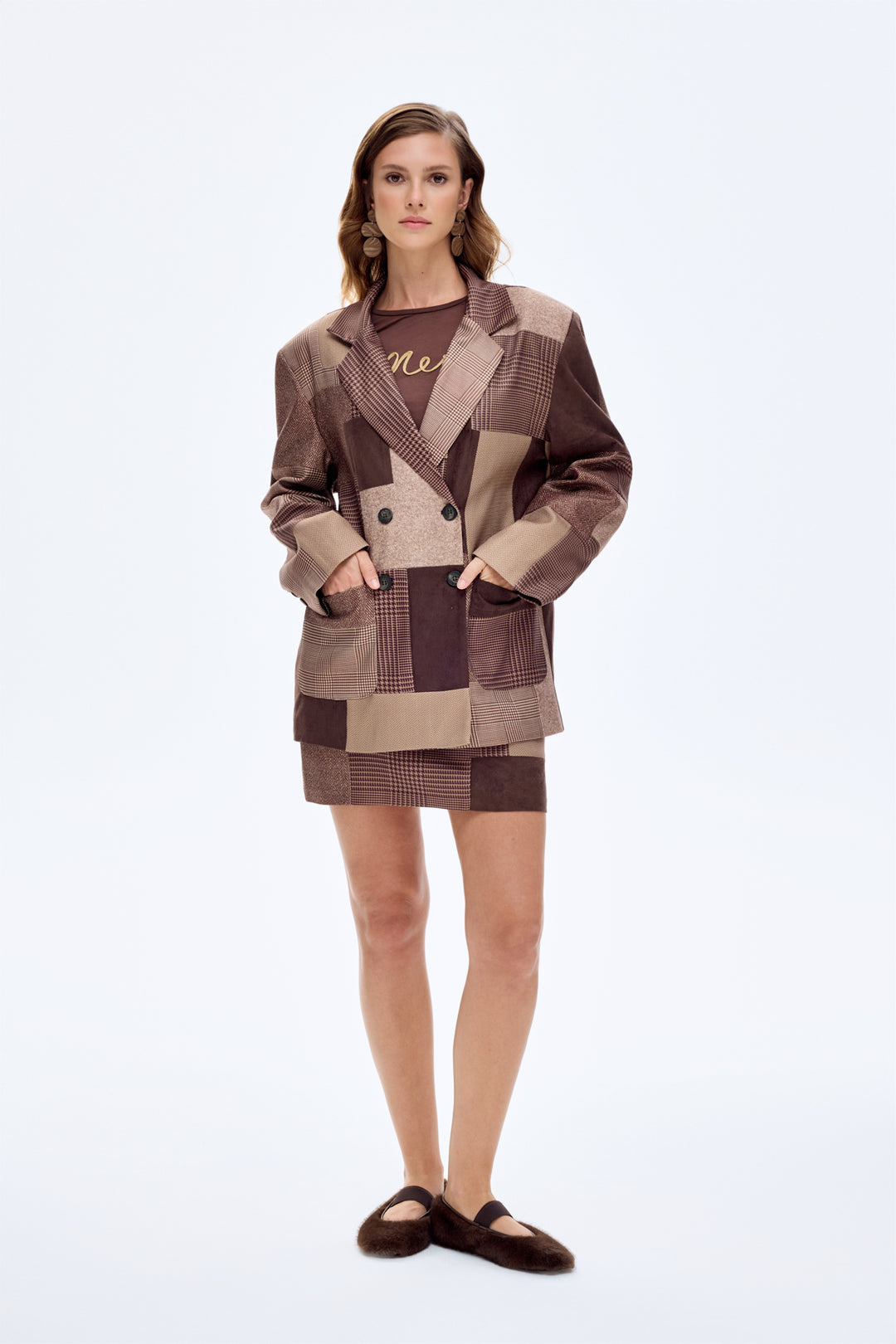 Patchwork Kruvaze Blazer Ceket Kahverengi