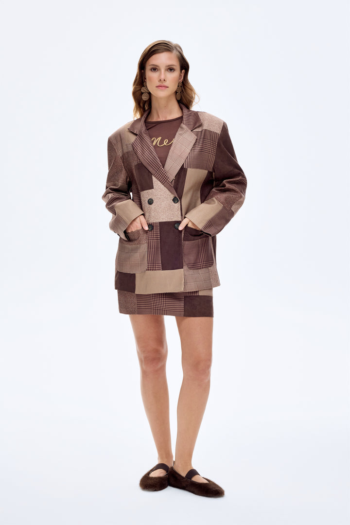 Patchwork Kruvaze Blazer Ceket Kahverengi