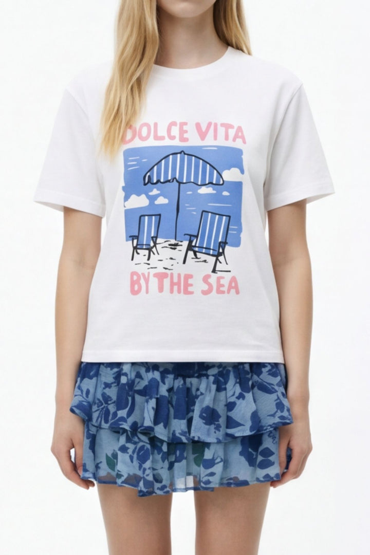 Plaj Baskılı Oversize Tişört Ekru