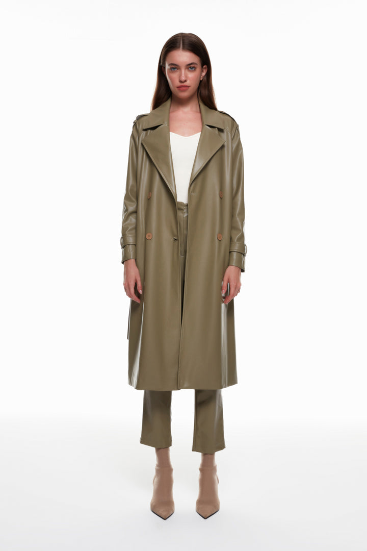 Tie Detailed Leather Trench Coat Khaki