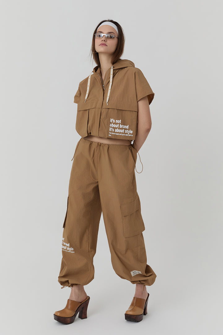 Kapüşonlu Teknik Kumaş Ceket Camel