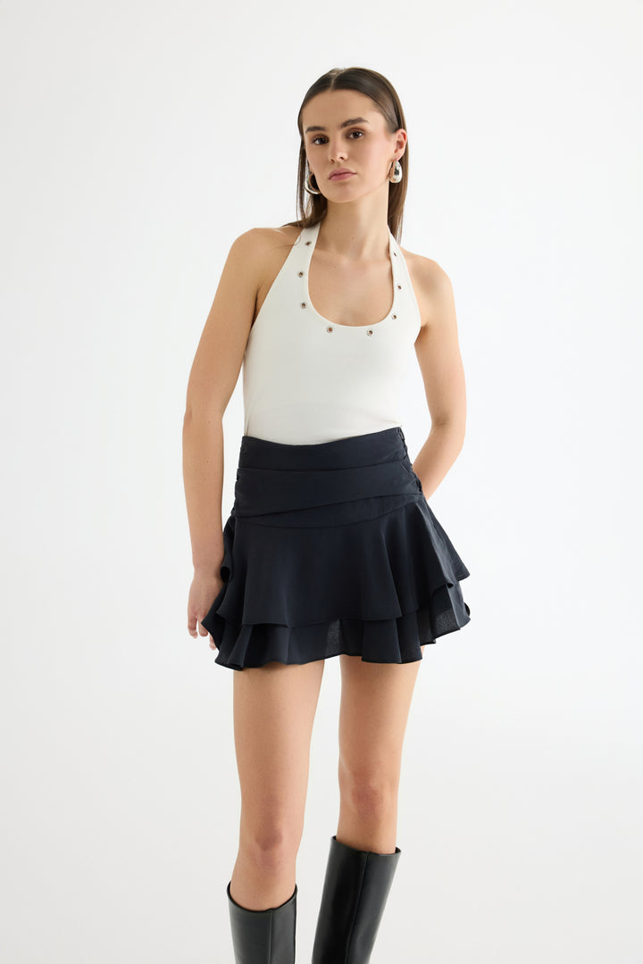 Katlı Volanlı Mini Etek Siyah