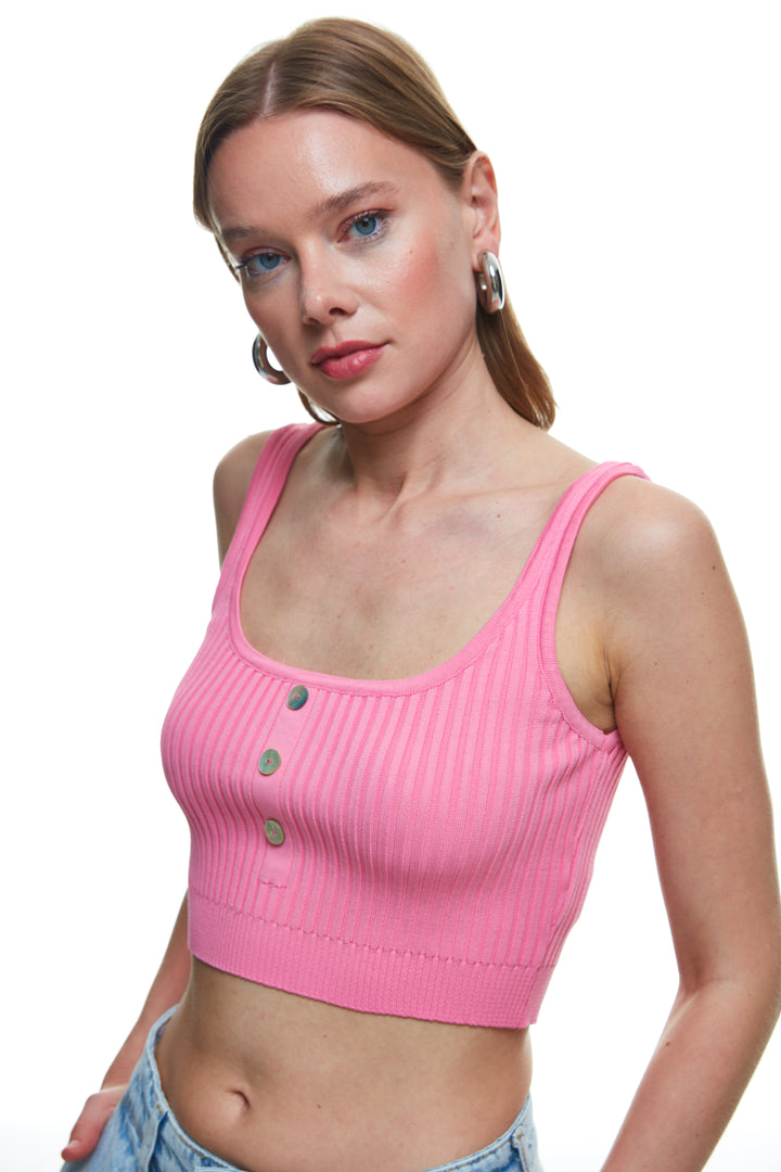Button Detailed Strap Crop Knitwear Pink