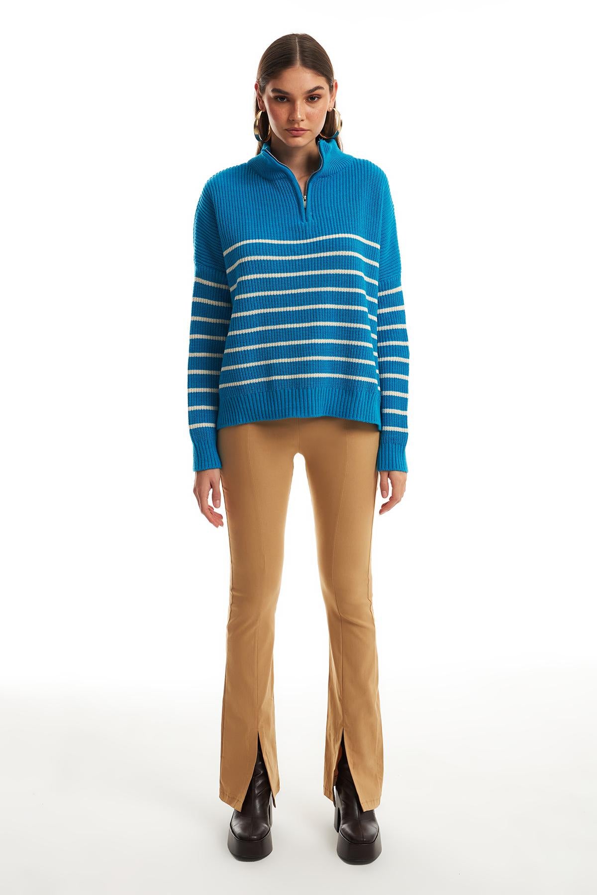 Zipper Striped Sweater Blue