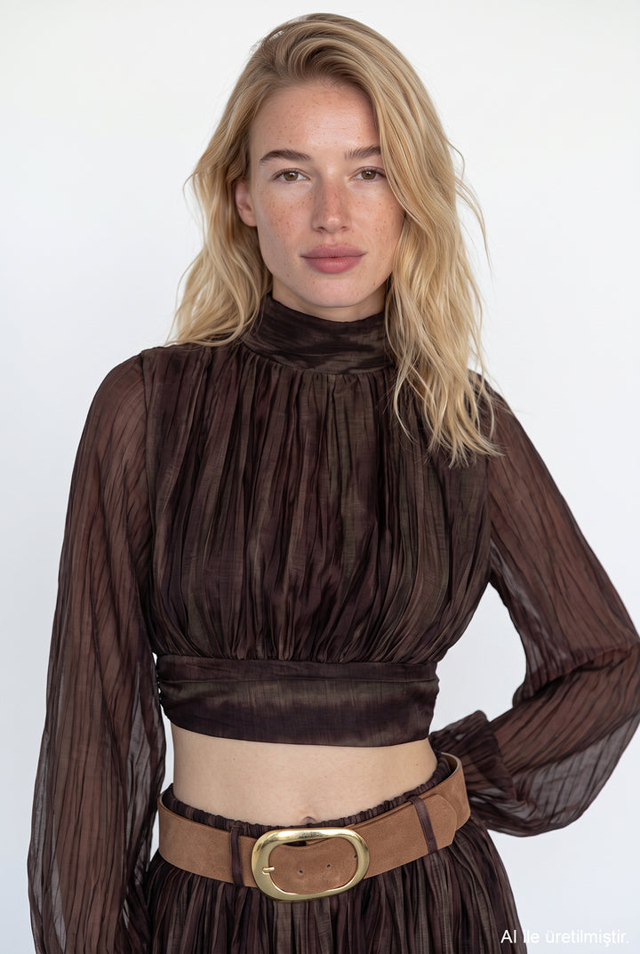 Dik Yaka Drapeli Crop Bluz Kahverengi
