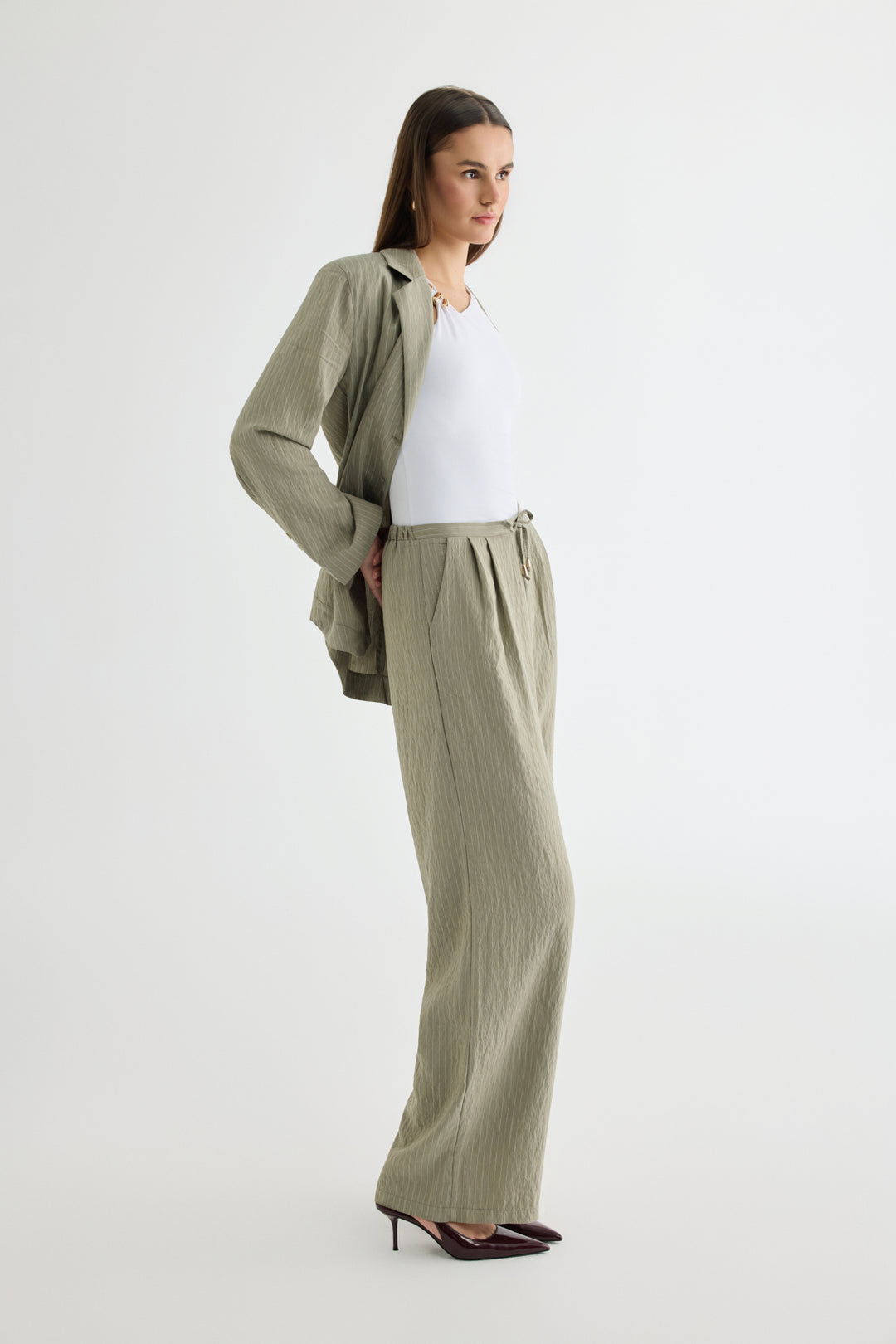 Çizgili Bağcıklı Bol Paça Pantolon Haki