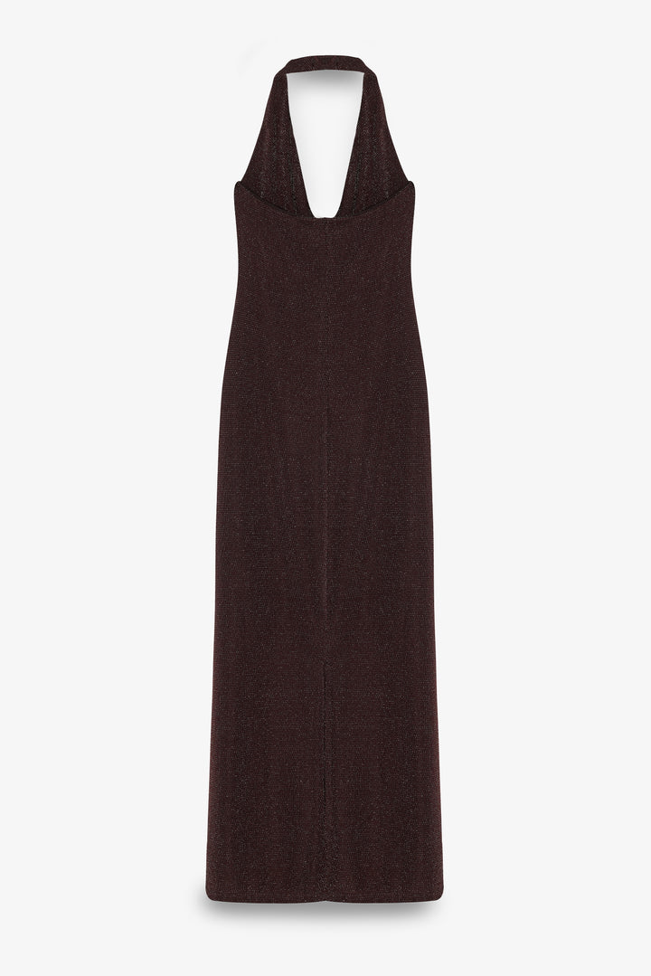 Simli Drape Yaka Midi Elbise Kahverengi