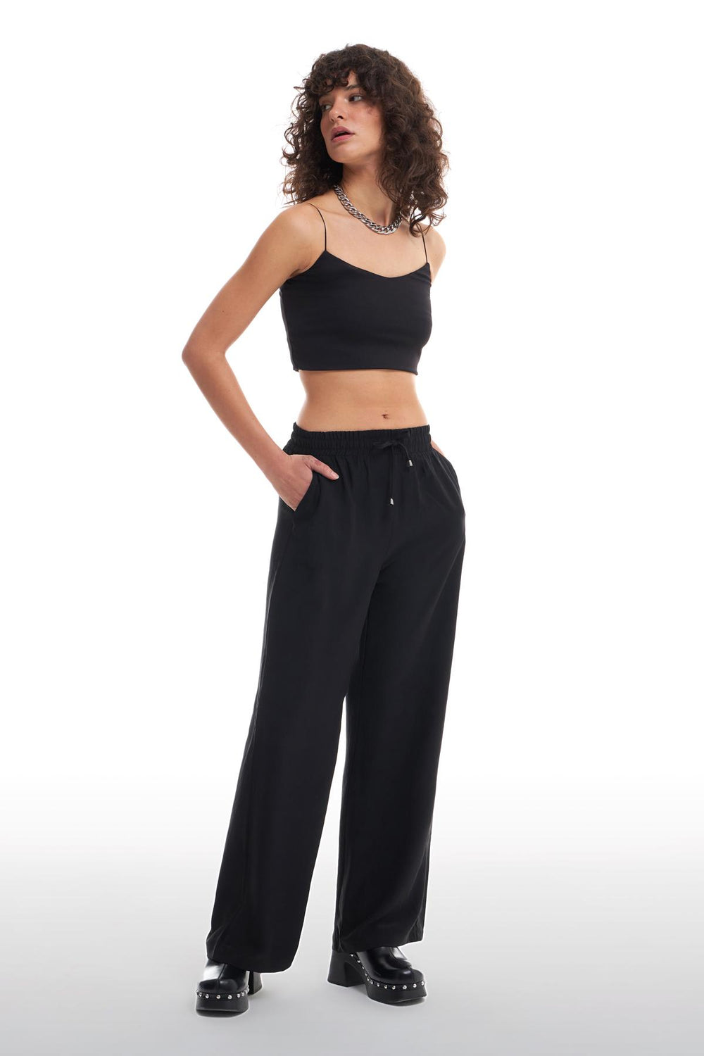 Elastic Waist Wide Leg Trousers Black