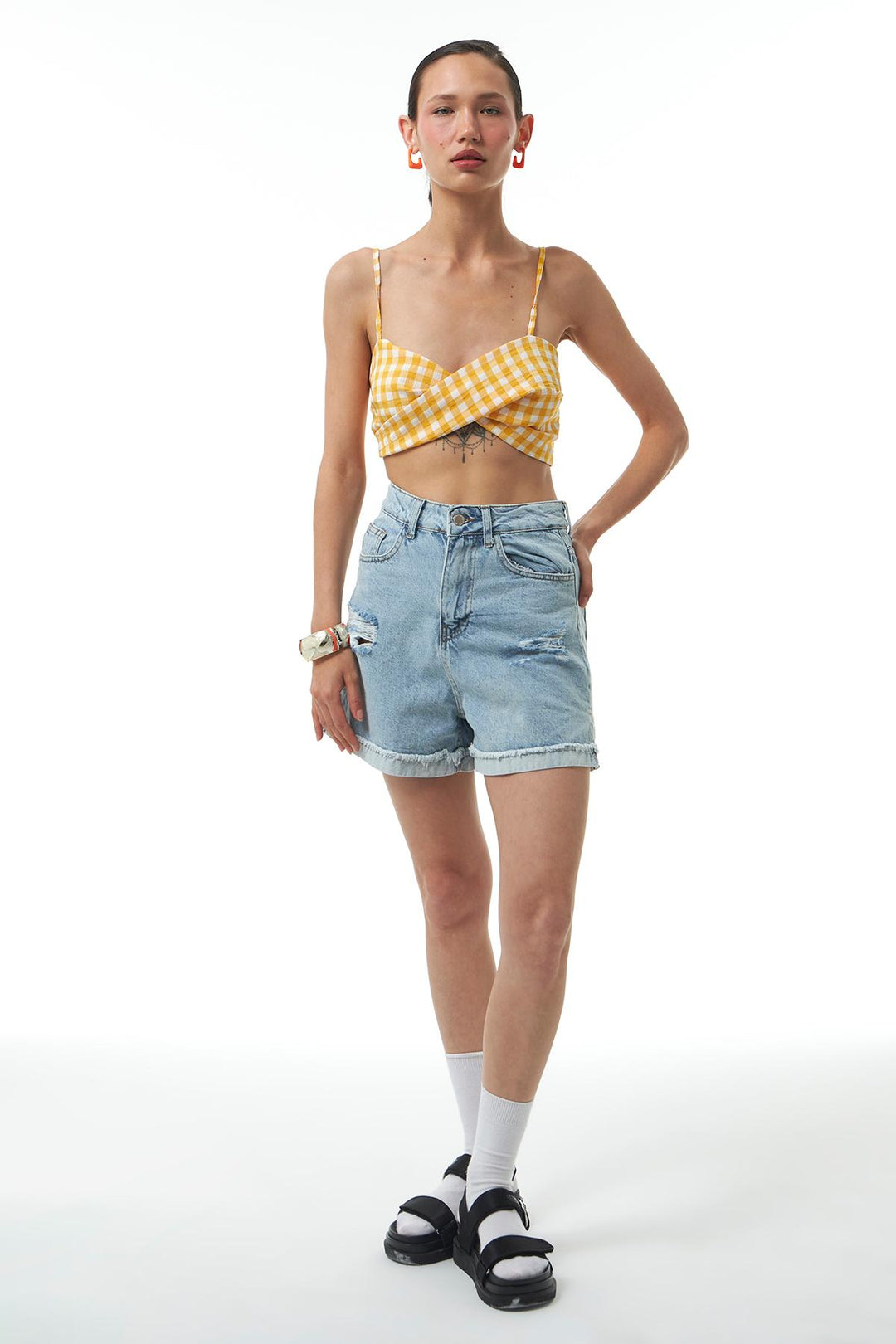 Ripped Detailed Denim Shorts Blue