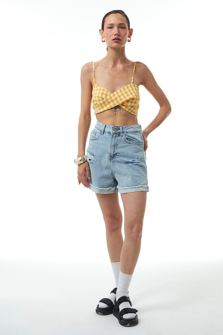 Ripped Detailed Denim Shorts Blue