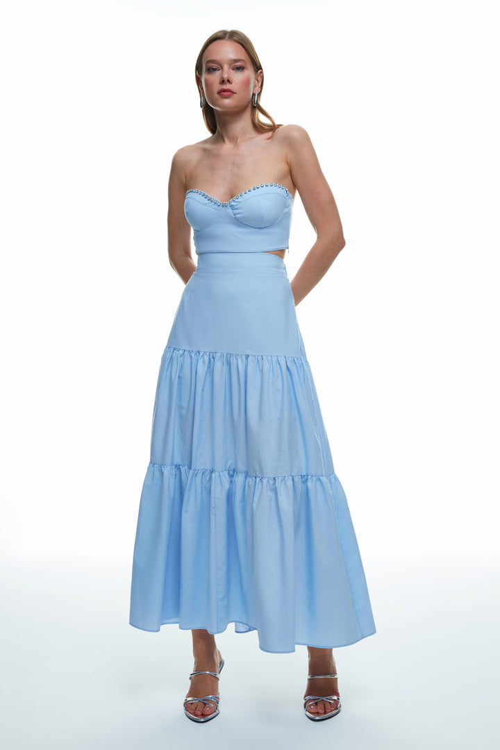 Stone Accessory Strapless Crop Blouse Light Blue