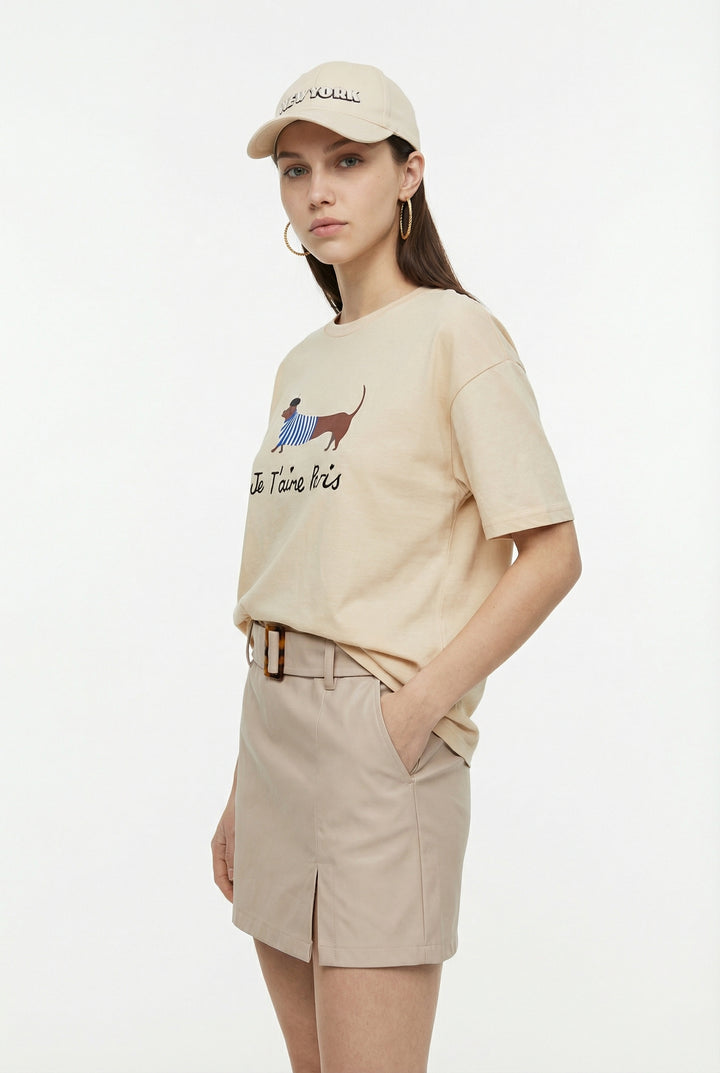 Yazı Nakışlı Köpek Baskılı Oversize Tişört Bej