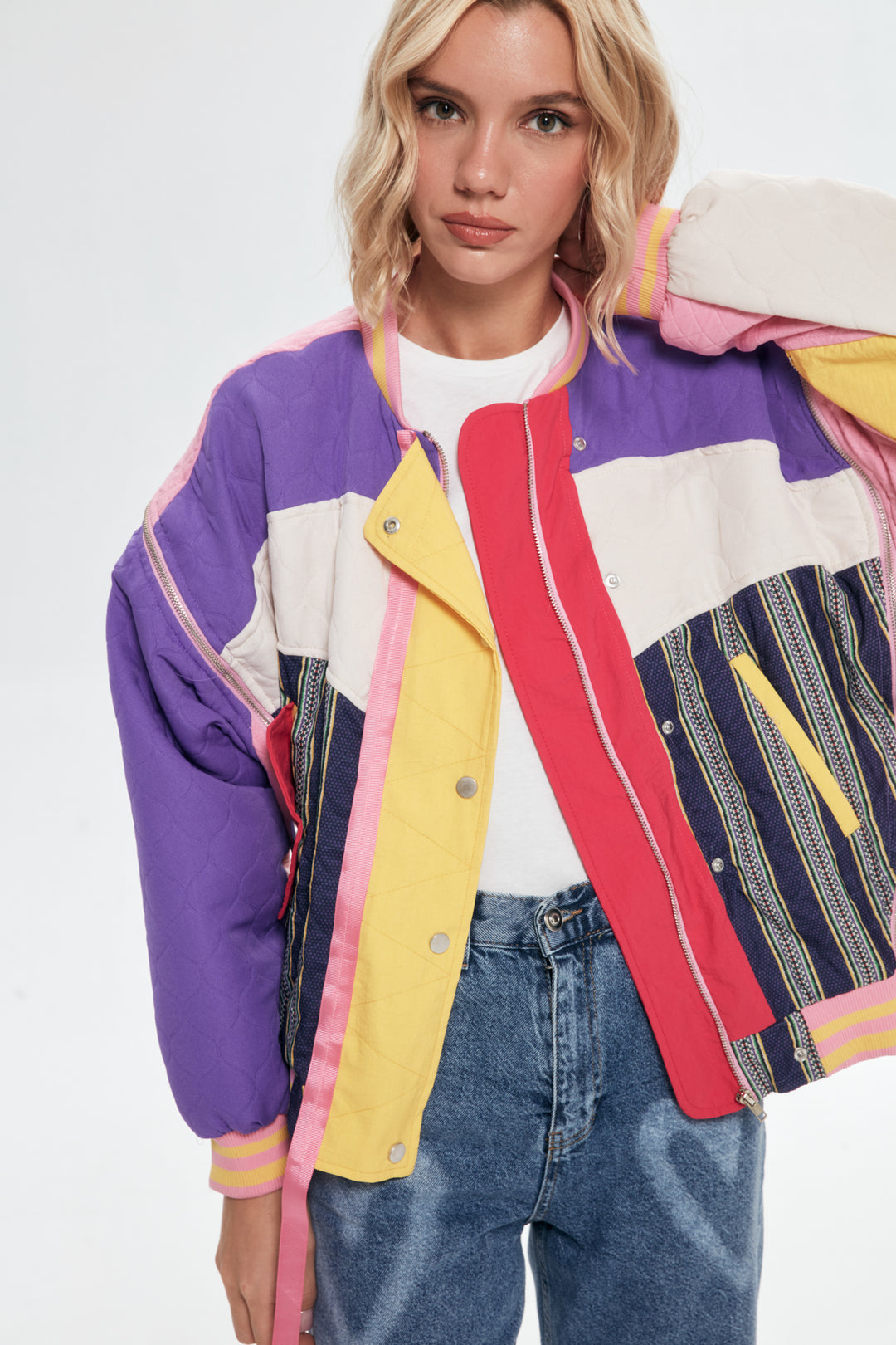 Button Detailed Colorful Bomber Jacket Pink