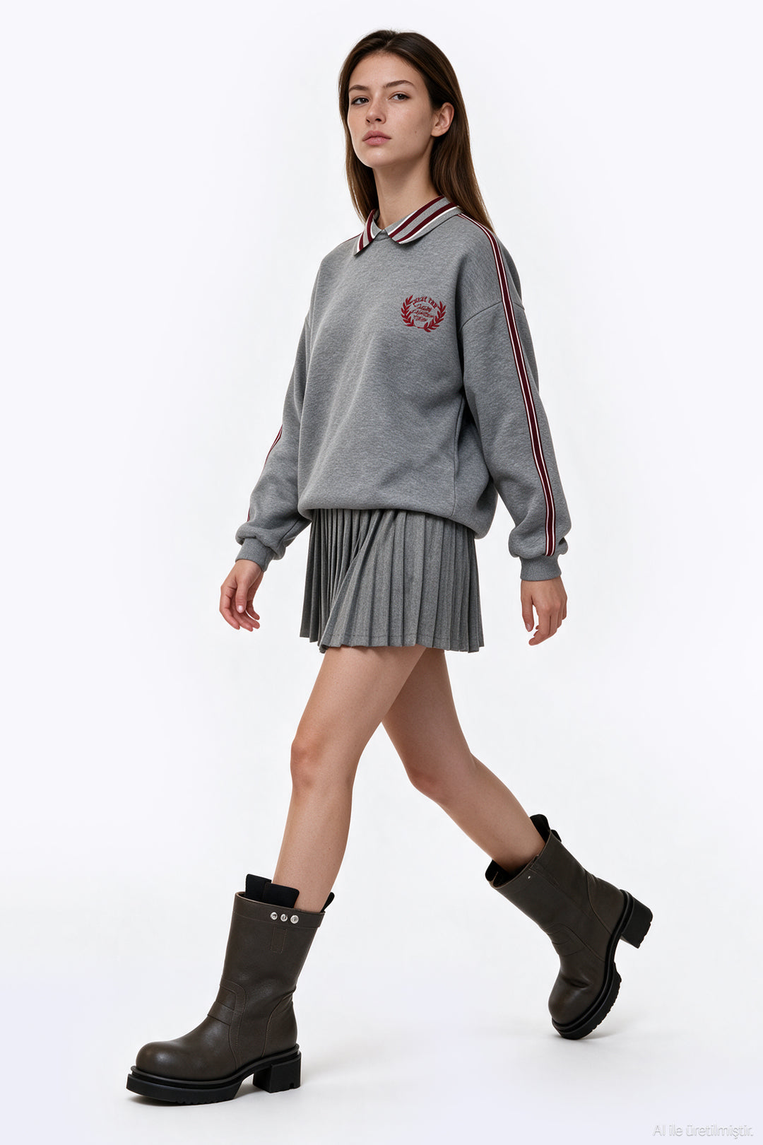 Polo Yaka Nakışlı Oversize Sweatshirt Grimelanj